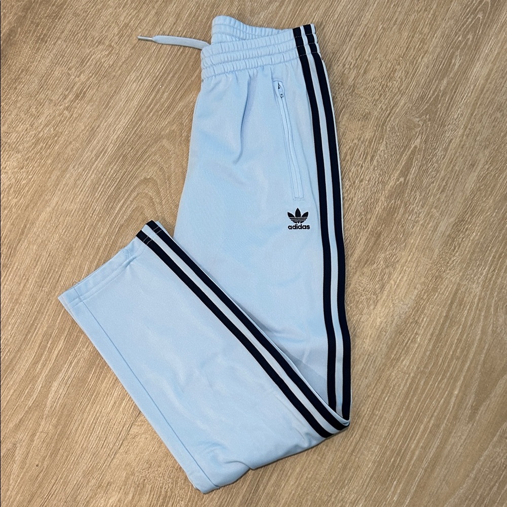 adidas Firebird Light Blue Kids Joggers with Navy Triple Stripes